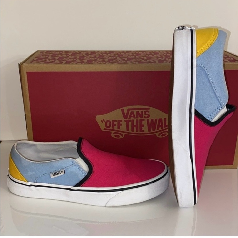 Vans Red, Blue, and Yellow Slip-On Shoes